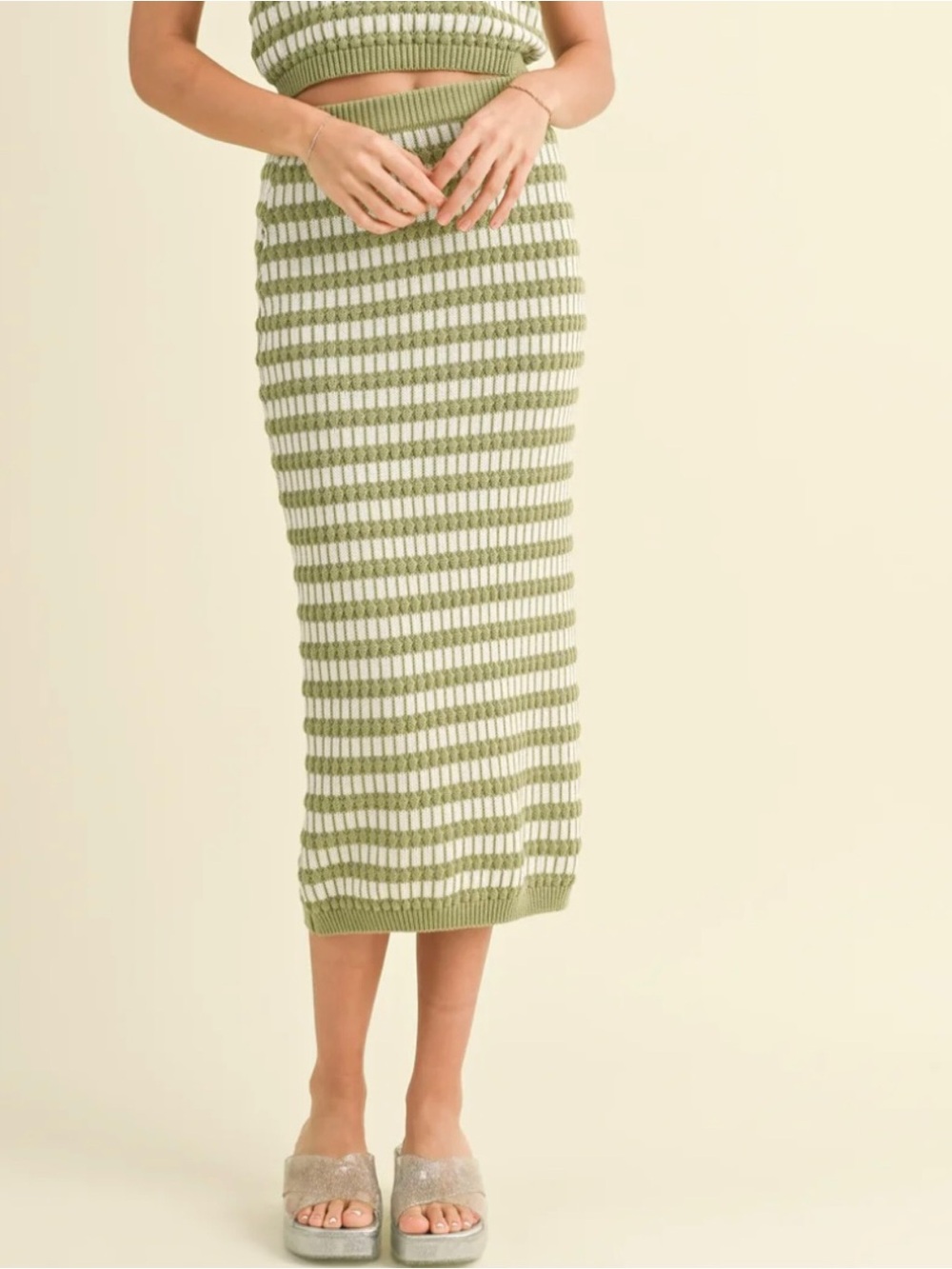 SABO Cucumber And Lime Green Striped Crochet Knit Midi Pencil Skirt Size XS
